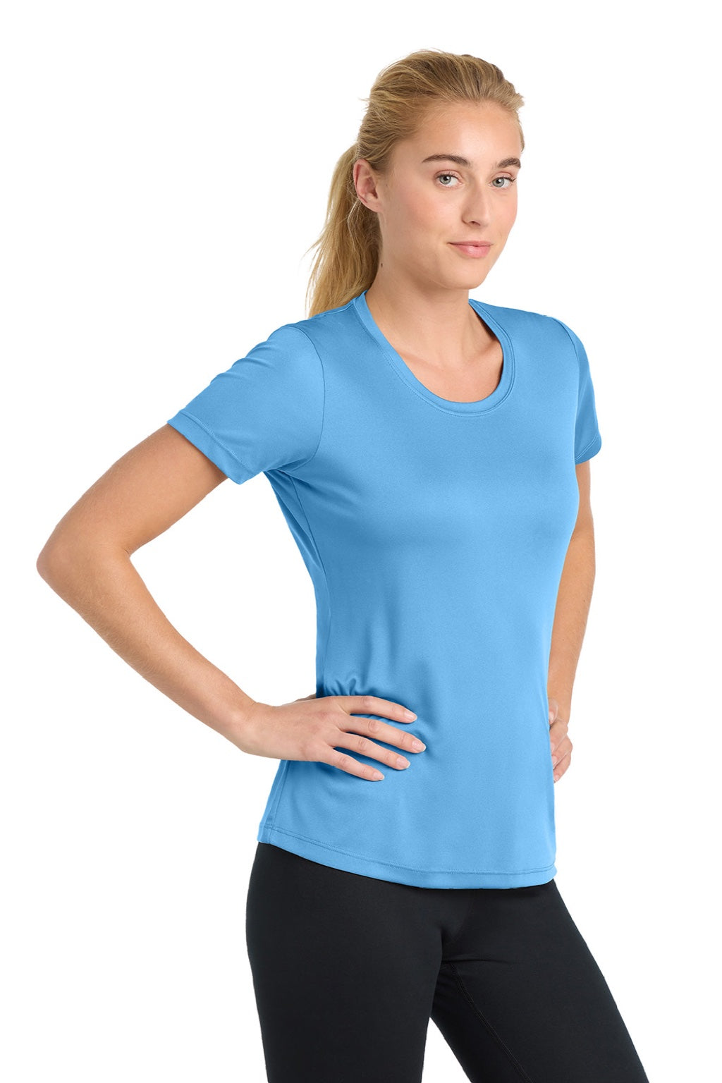 Sport-Tek LST350 Womens Competitor Moisture Wicking Short Sleeve Crewneck T-Shirt Carolina Blue Model Side