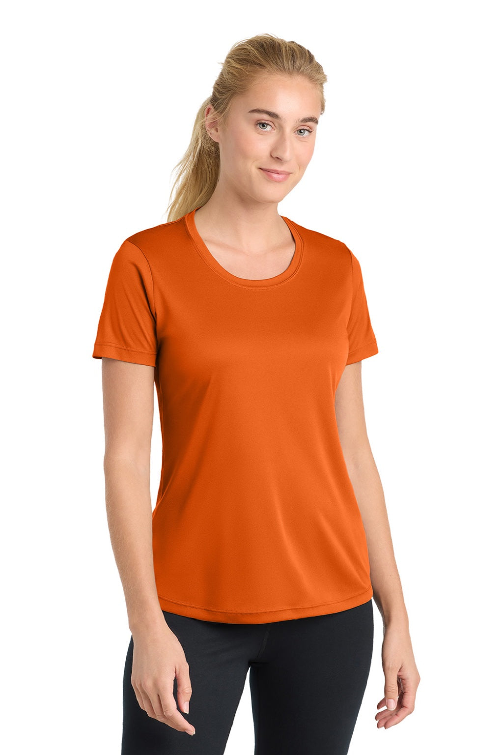 Sport-Tek LST350 Womens Competitor Moisture Wicking Short Sleeve Crewneck T-Shirt Deep Orange Model Front
