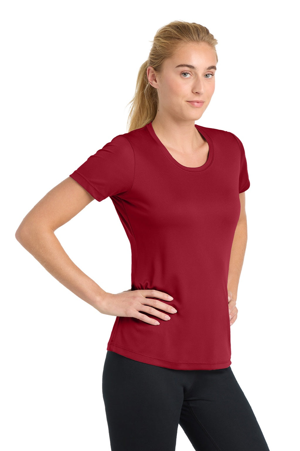 Sport-Tek LST350 Womens Competitor Moisture Wicking Short Sleeve Crewneck T-Shirt Deep Red Model Side