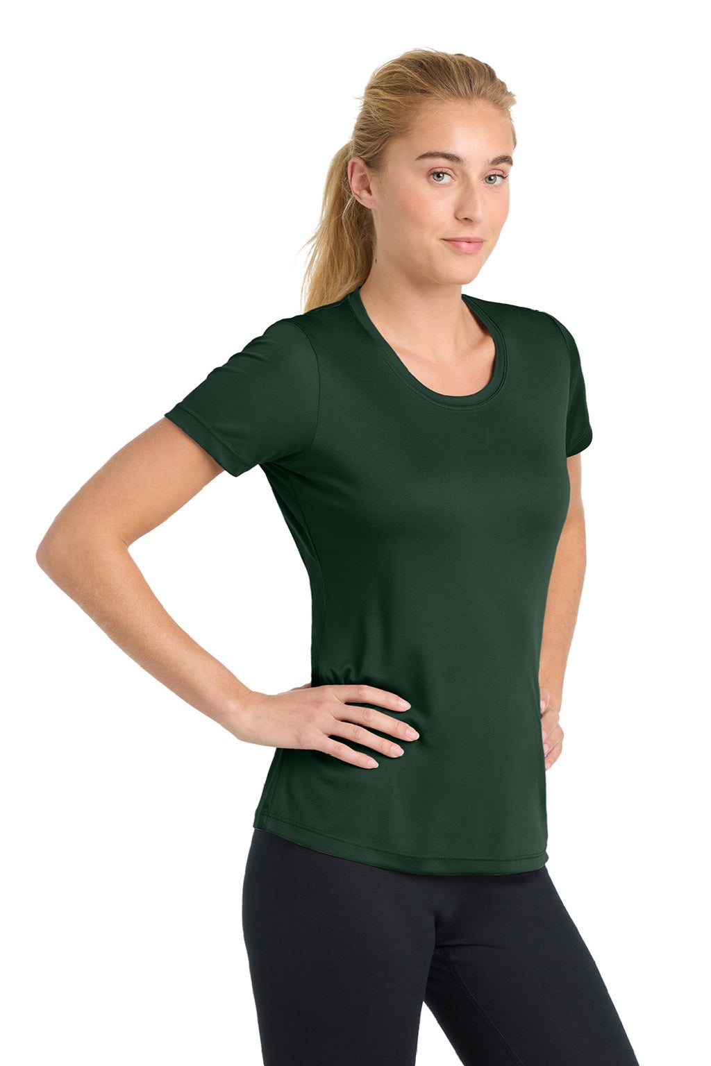 Sport-Tek LST350 Womens Competitor Moisture Wicking Short Sleeve Crewneck T-Shirt Forest Green Model Side