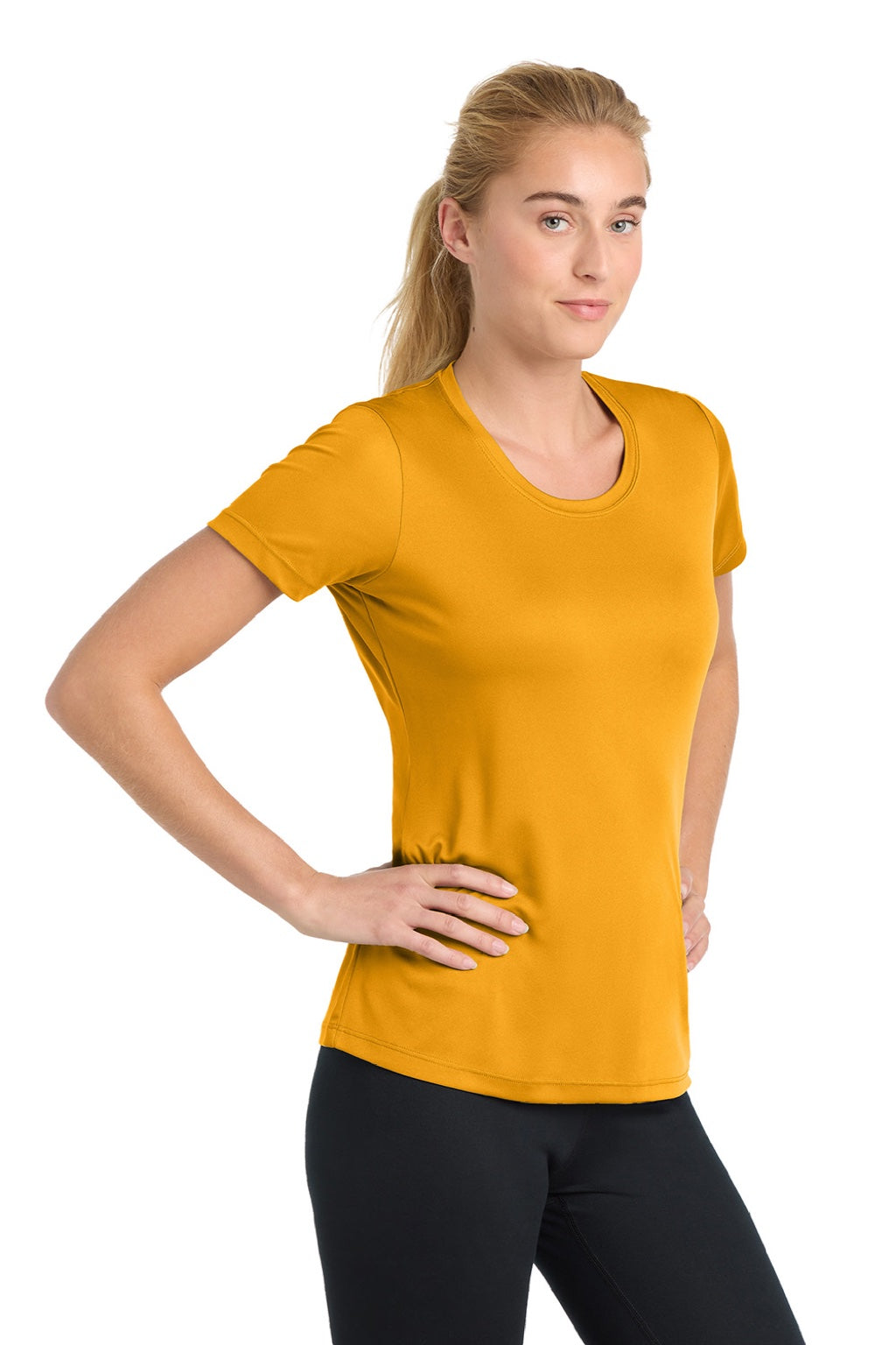 Sport-Tek LST350 Womens Competitor Moisture Wicking Short Sleeve Crewneck T-Shirt Gold Model Side
