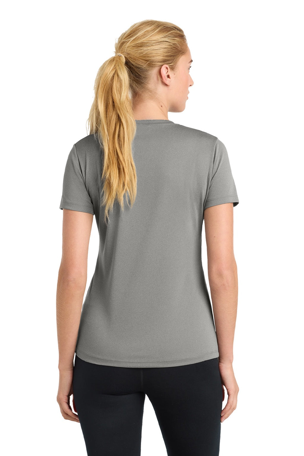 Sport-Tek LST350 Womens Competitor Moisture Wicking Short Sleeve Crewneck T-Shirt Heather Concrete Grey Model Back