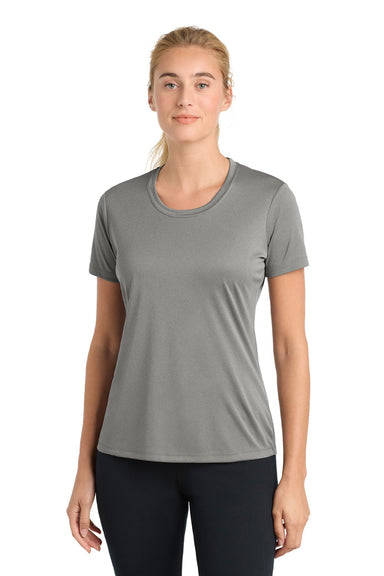 Sport-Tek LST350 Womens Competitor Moisture Wicking Short Sleeve Crewneck T-Shirt Heather Concrete Grey Model Front