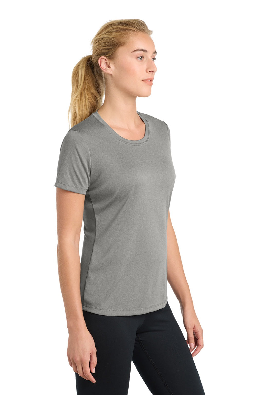 Sport-Tek LST350 Womens Competitor Moisture Wicking Short Sleeve Crewneck T-Shirt Heather Concrete Grey Model Side