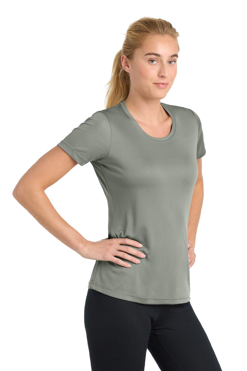 Sport-Tek LST350 Womens Competitor Moisture Wicking Short Sleeve Crewneck T-Shirt Concrete Grey Model Side