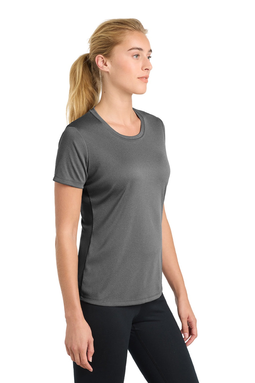 Sport-Tek LST350 Womens Competitor Moisture Wicking Short Sleeve Crewneck T-Shirt Heather Iron Grey Model Side