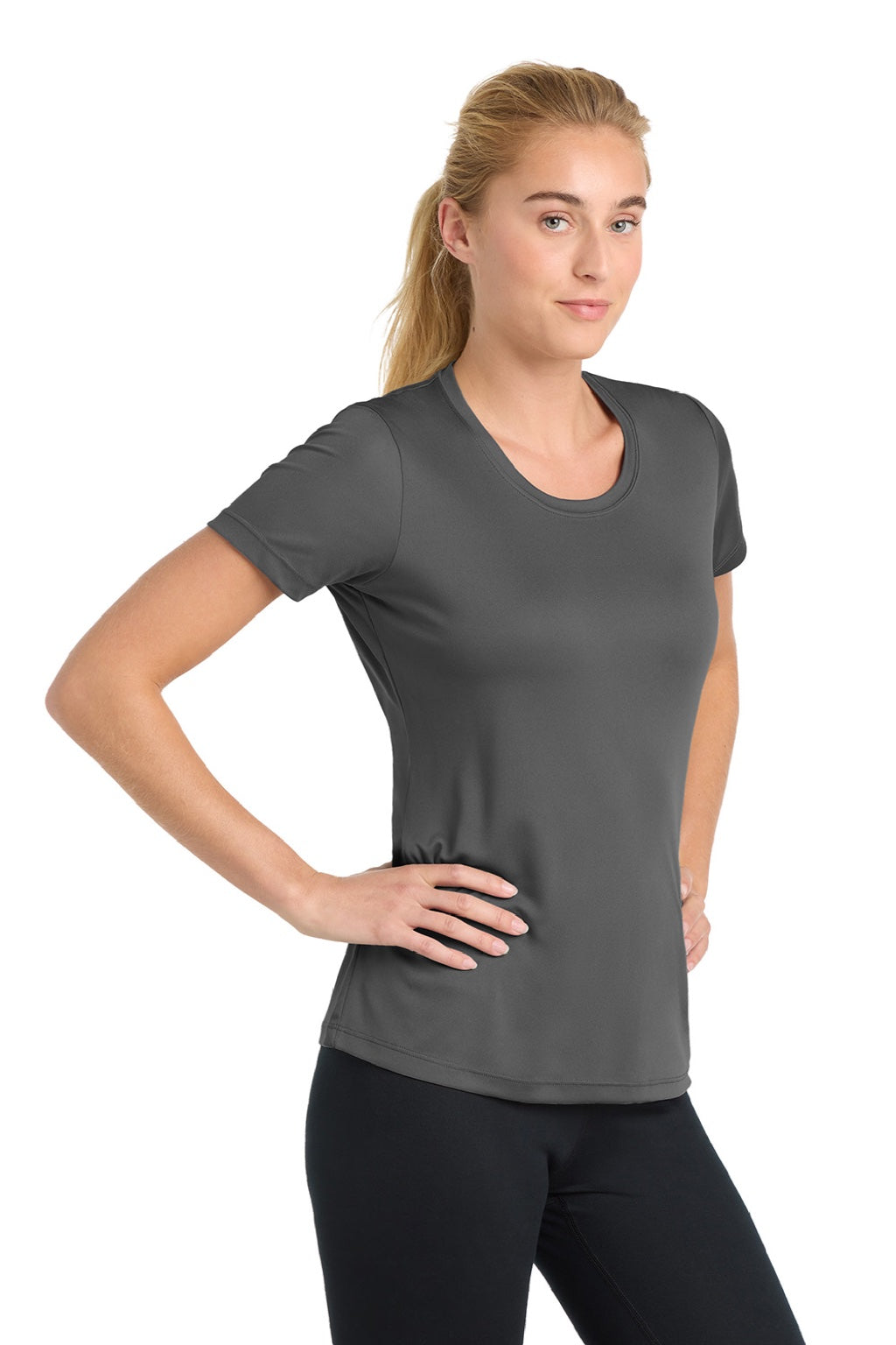 Sport-Tek LST350 Womens Competitor Moisture Wicking Short Sleeve Crewneck T-Shirt Iron Grey Model Side