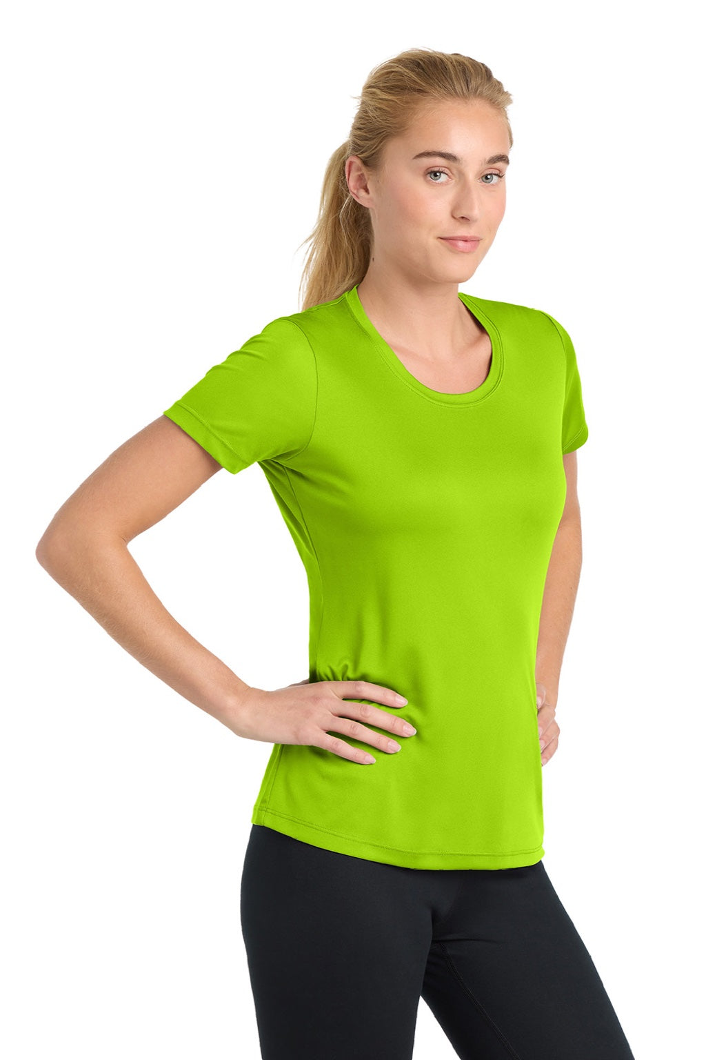 Sport-Tek LST350 Womens Competitor Moisture Wicking Short Sleeve Crewneck T-Shirt Lime Shock Green Model Side