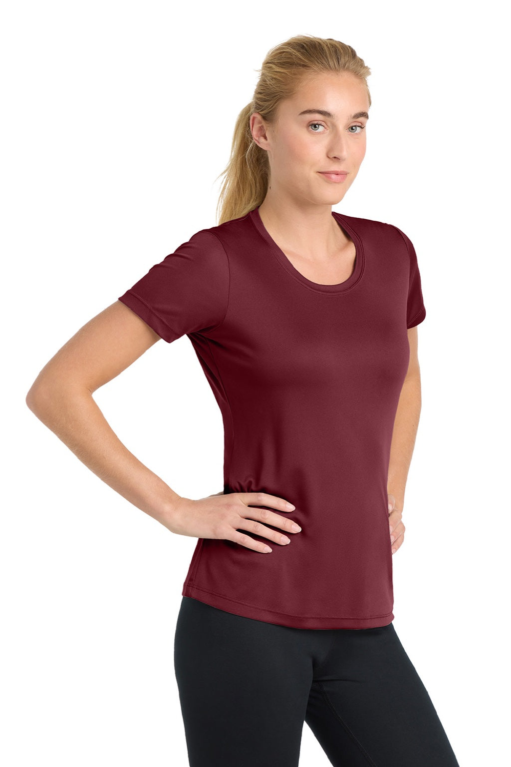Sport-Tek LST350 Womens Competitor Moisture Wicking Short Sleeve Crewneck T-Shirt Maroon Model Side