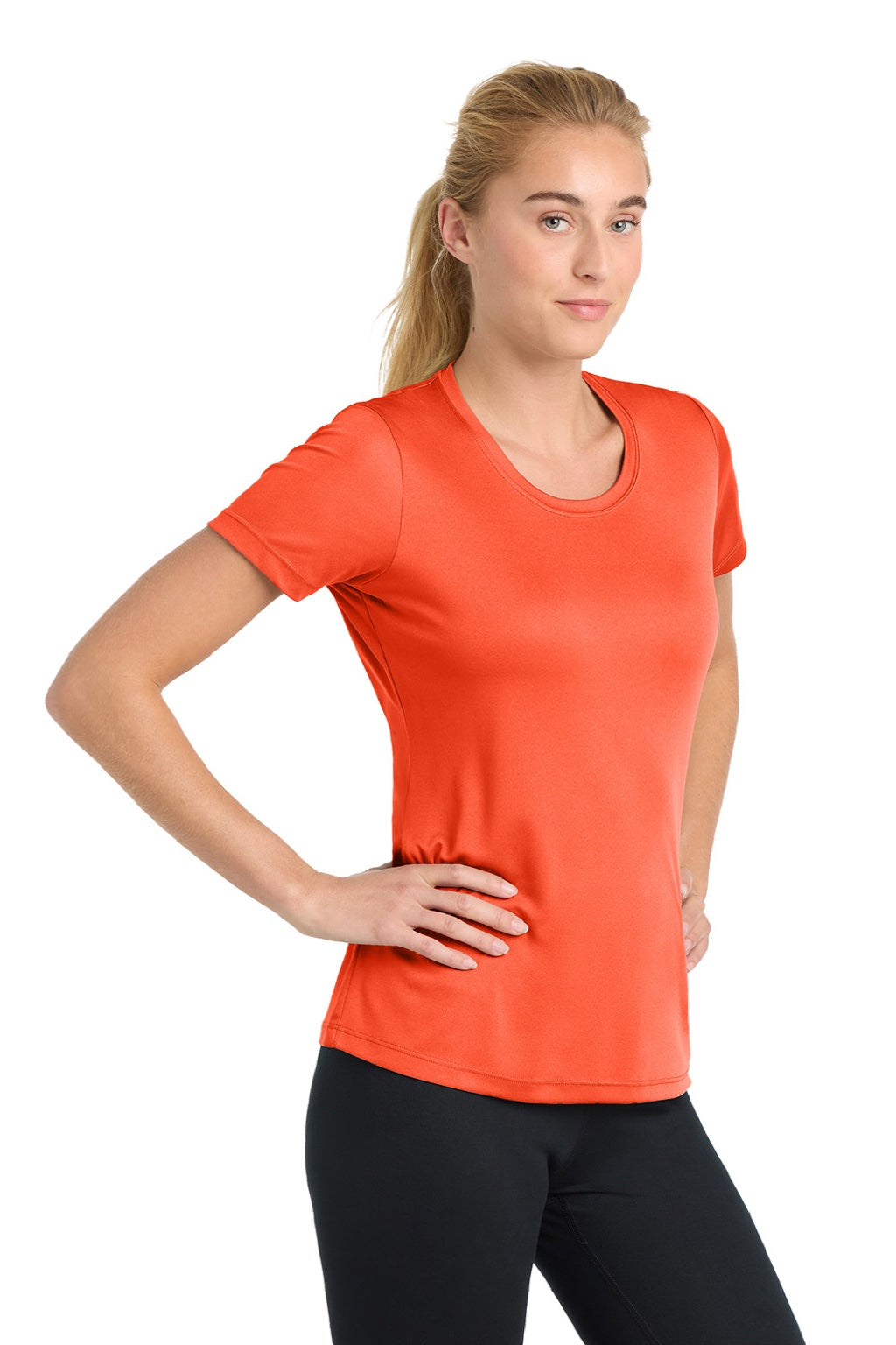 Sport-Tek LST350 Womens Competitor Moisture Wicking Short Sleeve Crewneck T-Shirt Neon Orange Model Side