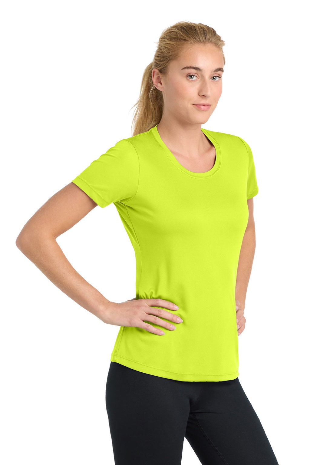 Sport-Tek LST350 Womens Competitor Moisture Wicking Short Sleeve Crewneck T-Shirt Neon Yellow Model Side