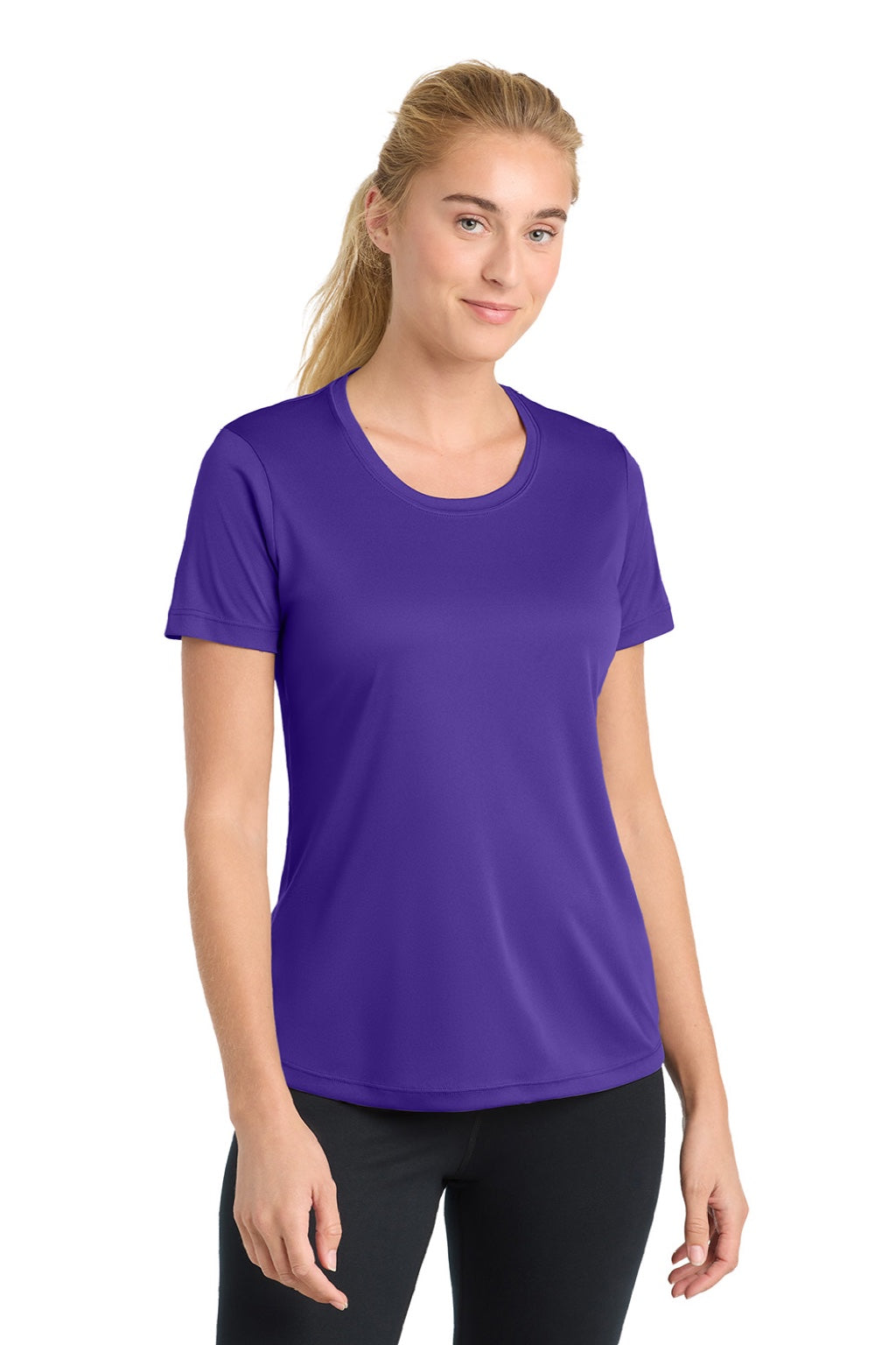 Sport-Tek LST350 Womens Competitor Moisture Wicking Short Sleeve Crewneck T-Shirt Purple Model Front
