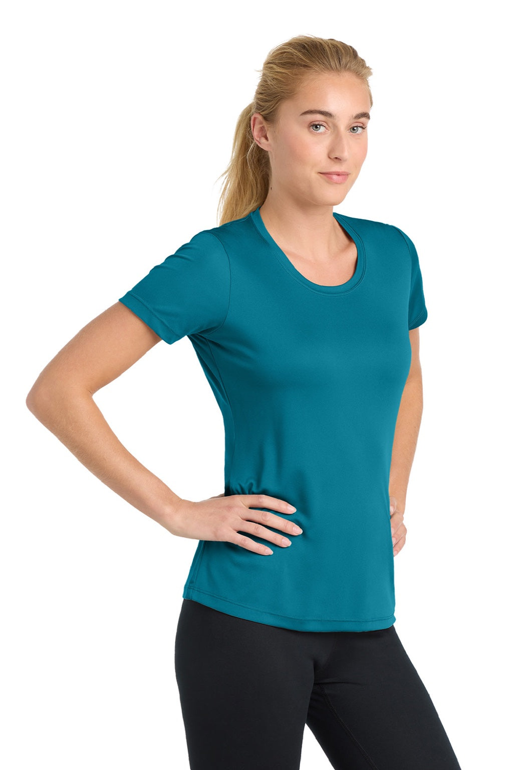 Sport-Tek LST350 Womens Competitor Moisture Wicking Short Sleeve Crewneck T-Shirt Tropic Blue Model Side