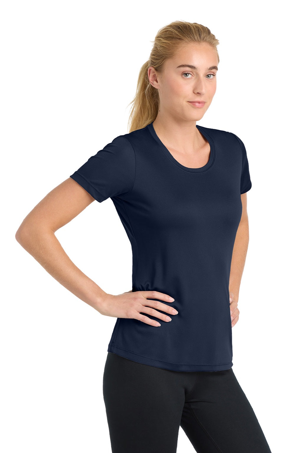 Sport-Tek LST350 Womens Competitor Moisture Wicking Short Sleeve Crewneck T-Shirt True Navy Blue Model Side