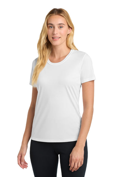 Sport-Tek LST350 Womens Competitor Moisture Wicking Short Sleeve Crewneck T-Shirt White Model Front