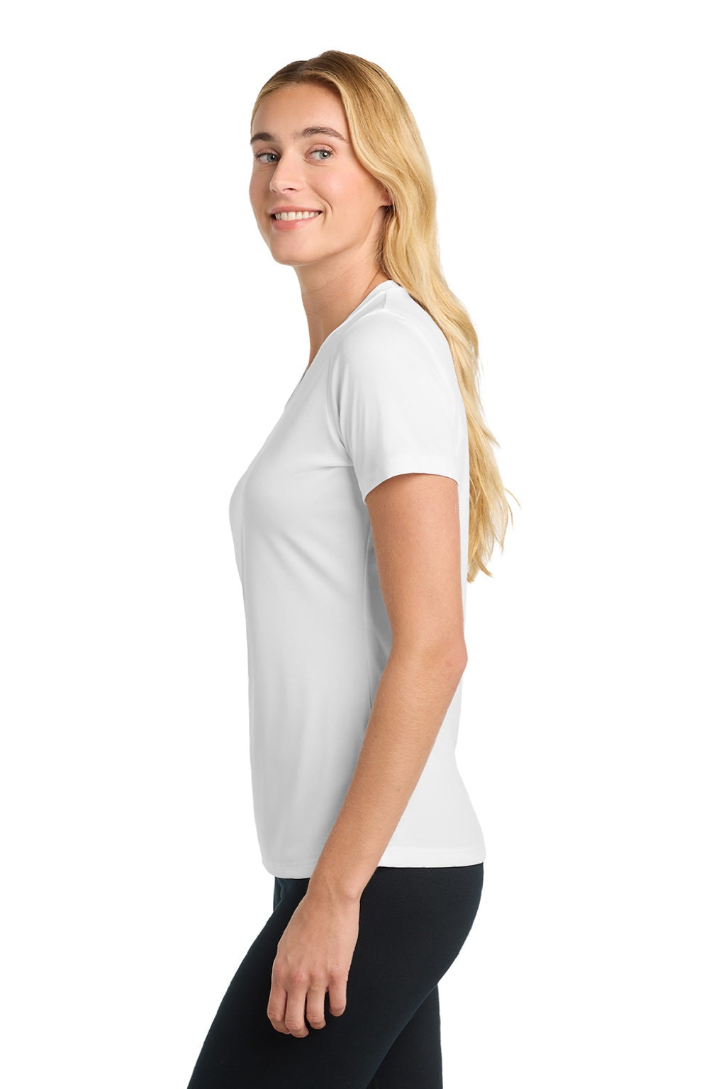Sport-Tek LST350 Womens Competitor Moisture Wicking Short Sleeve Crewneck T-Shirt White Model Side