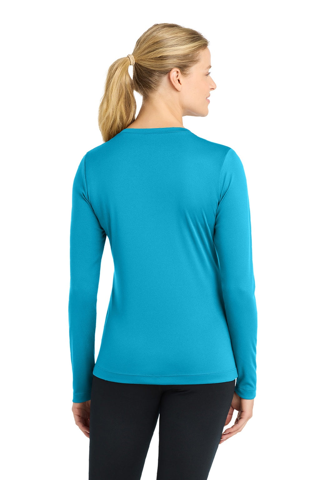 Sport-Tek LST353LS Womens Competitor Moisture Wicking Long Sleeve V-Neck T-Shirt Atomic Blue Model Back