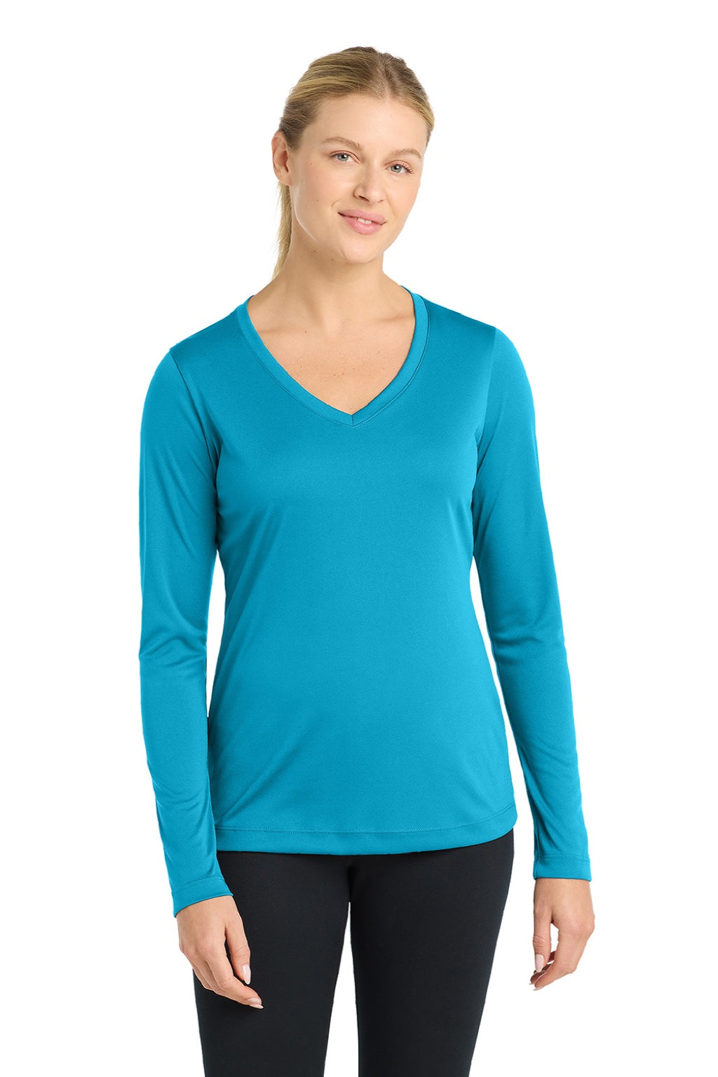 Sport-Tek LST353LS Womens Competitor Moisture Wicking Long Sleeve V-Neck T-Shirt Atomic Blue Model Front