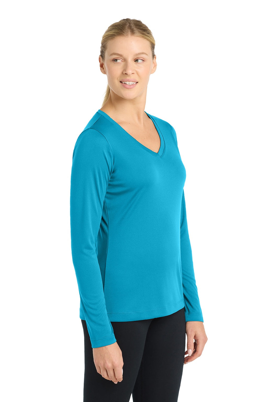 Sport-Tek LST353LS Womens Competitor Moisture Wicking Long Sleeve V-Neck T-Shirt Atomic Blue Model Side