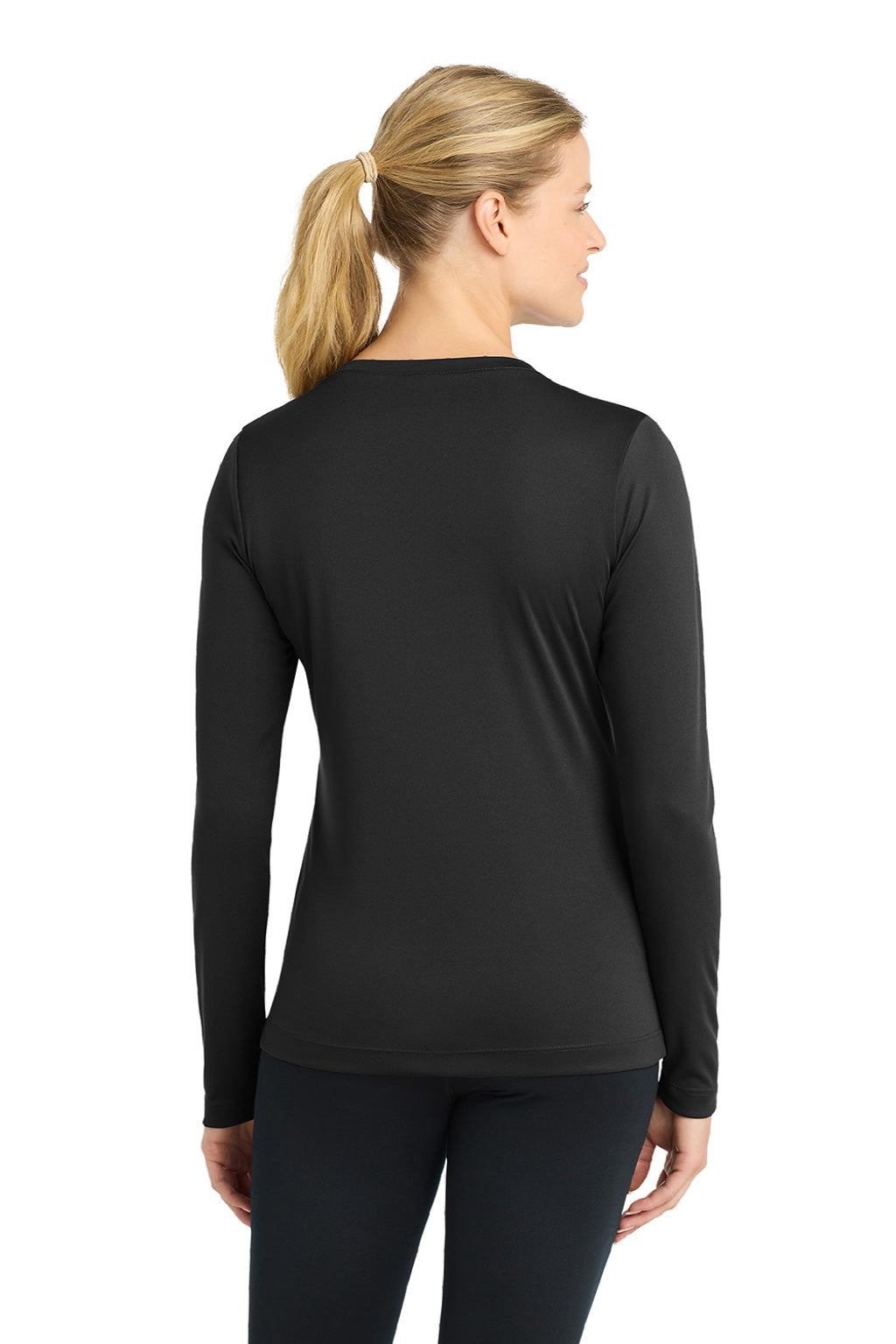 Sport-Tek LST353LS Womens Competitor Moisture Wicking Long Sleeve V-Neck T-Shirt Black Model Back