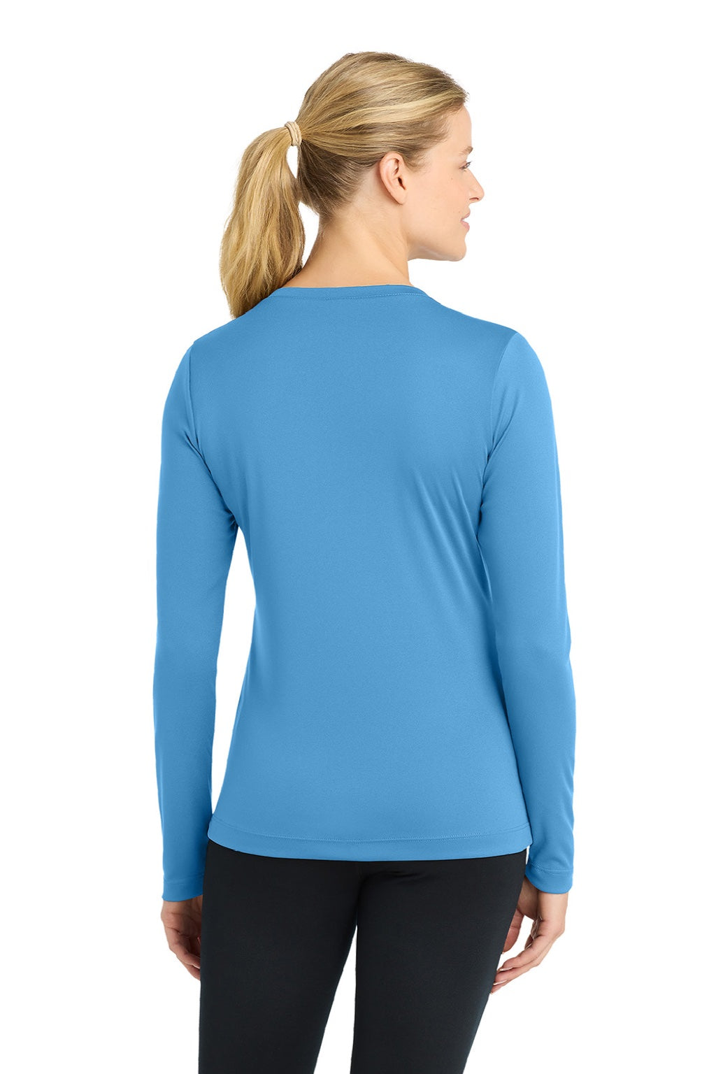 Sport-Tek LST353LS Womens Competitor Moisture Wicking Long Sleeve V-Neck T-Shirt Carolina Blue Model Back