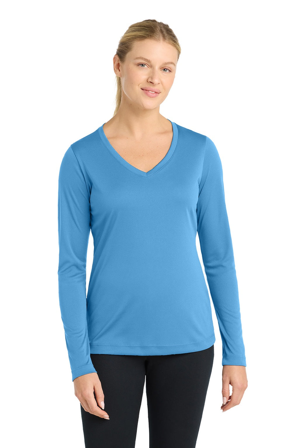 Sport-Tek LST353LS Womens Competitor Moisture Wicking Long Sleeve V-Neck T-Shirt Carolina Blue Model Front