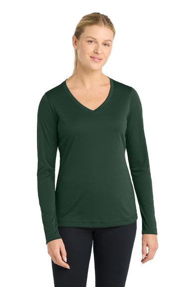 Sport-Tek LST353LS Womens Competitor Moisture Wicking Long Sleeve V-Neck T-Shirt Forest Green Model Front