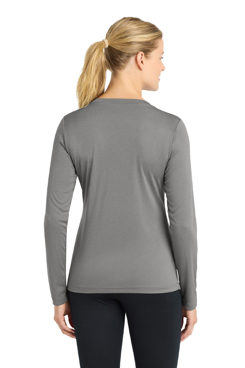 Sport-Tek LST353LS Womens Competitor Moisture Wicking Long Sleeve V-Neck T-Shirt Heather Concrete Grey Model Back