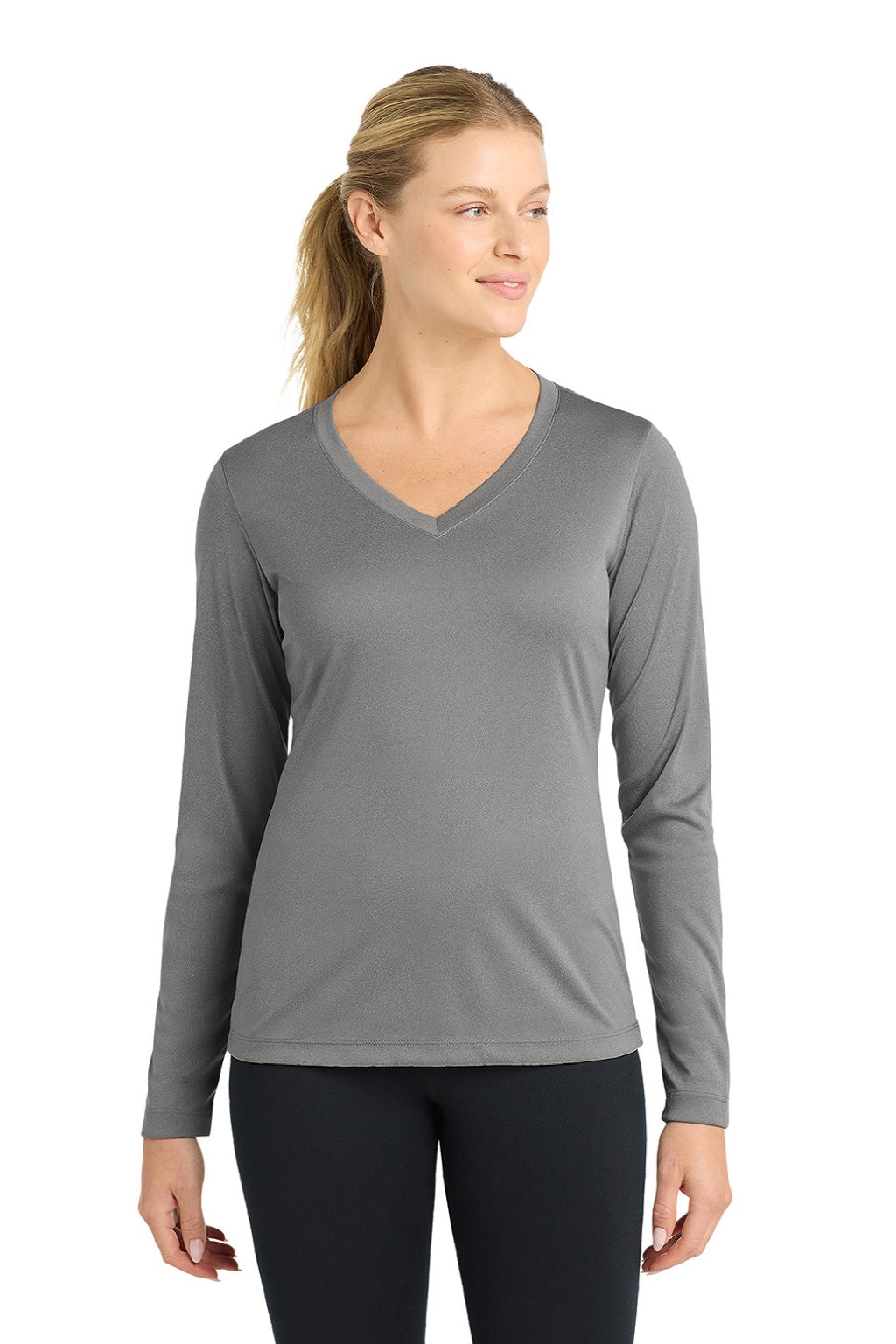 Sport-Tek LST353LS Womens Competitor Moisture Wicking Long Sleeve V-Neck T-Shirt Heather Concrete Grey Model Front