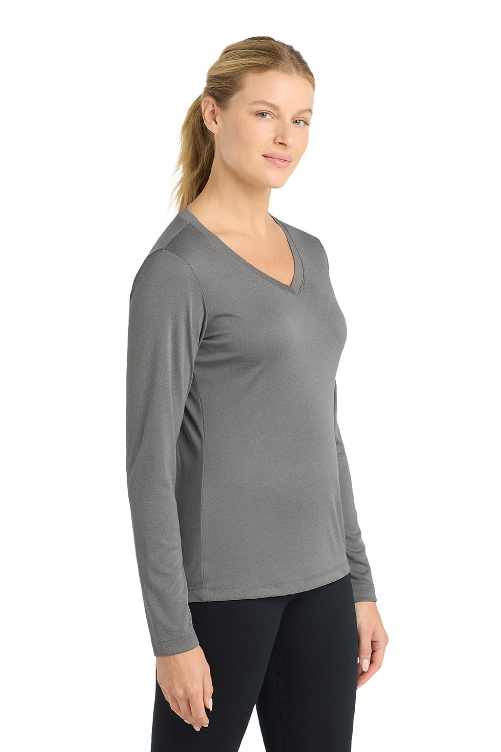 Sport-Tek LST353LS Womens Competitor Moisture Wicking Long Sleeve V-Neck T-Shirt Heather Concrete Grey Model Side