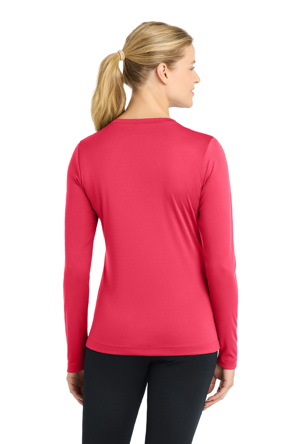 Sport-Tek LST353LS Womens Competitor Moisture Wicking Long Sleeve V-Neck T-Shirt Hot Coral Pink Model Back