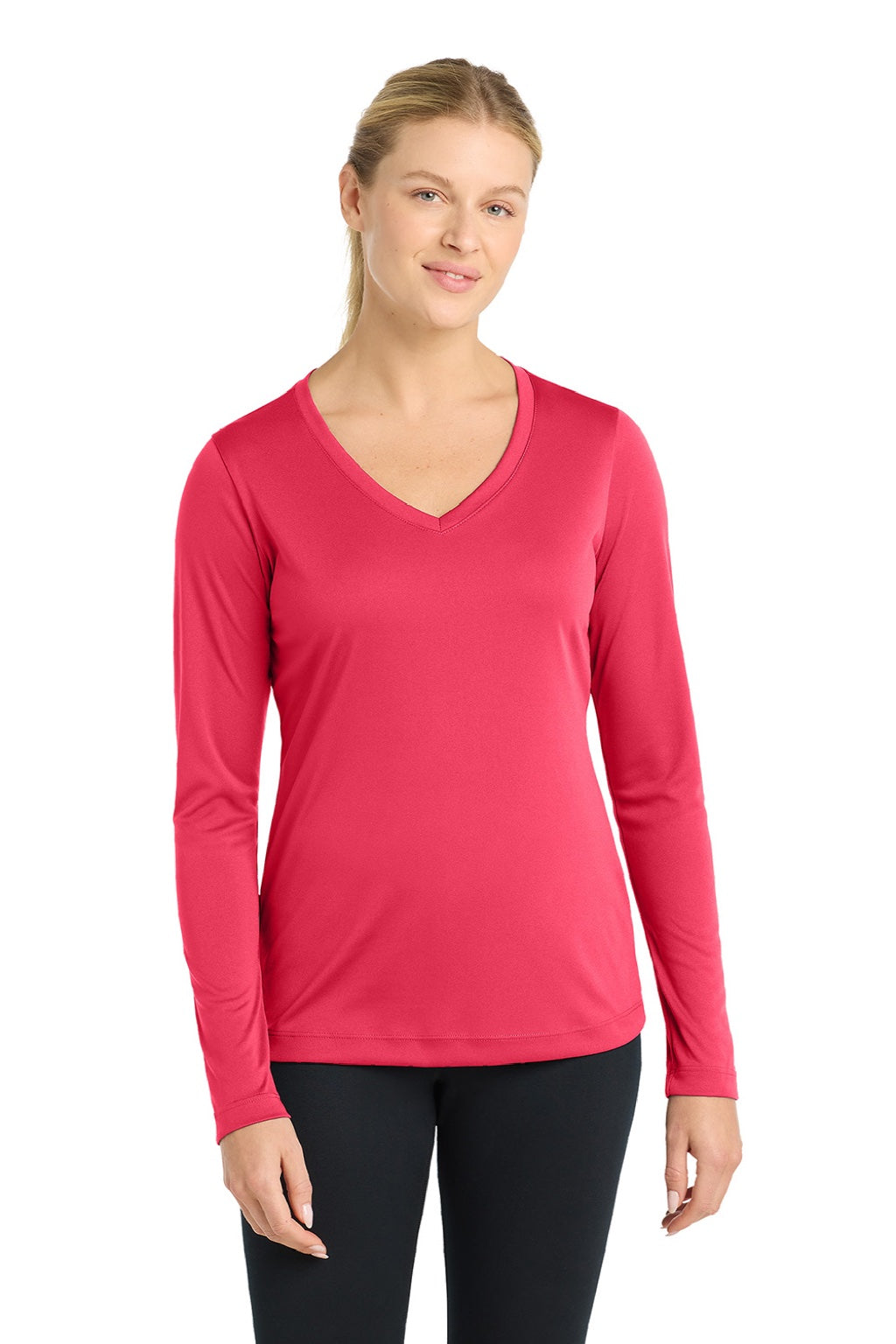 Sport-Tek LST353LS Womens Competitor Moisture Wicking Long Sleeve V-Neck T-Shirt Hot Coral Pink Model Front