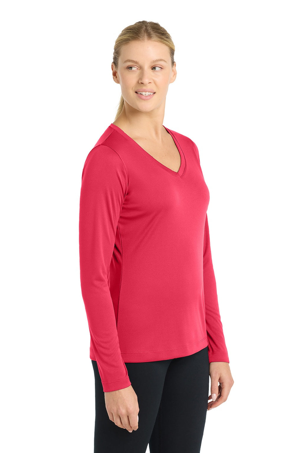 Sport-Tek LST353LS Womens Competitor Moisture Wicking Long Sleeve V-Neck T-Shirt Hot Coral Pink Model Side