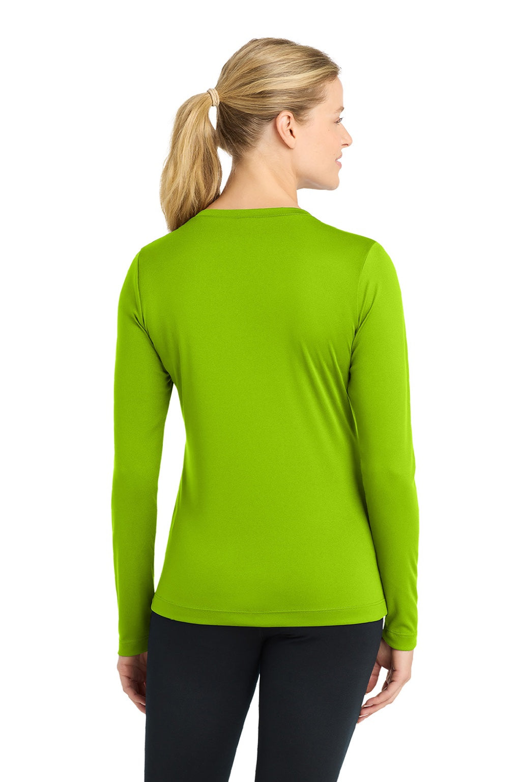 Sport-Tek LST353LS Womens Competitor Moisture Wicking Long Sleeve V-Neck T-Shirt Lime Shock Green Model Back