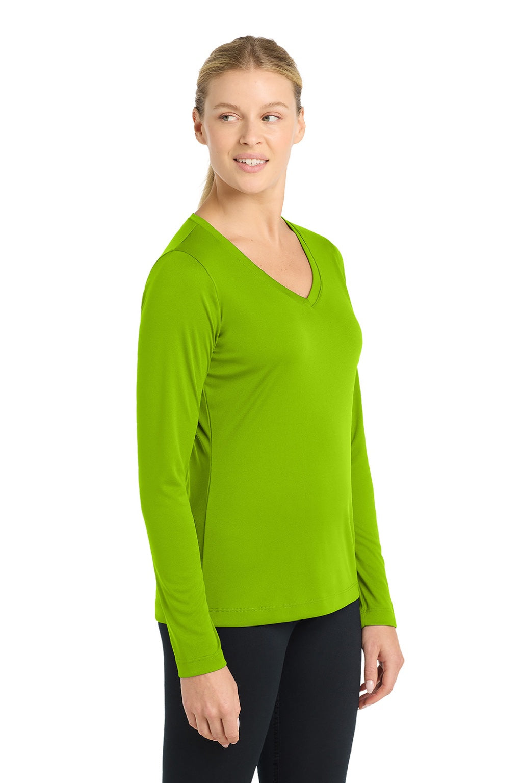 Sport-Tek LST353LS Womens Competitor Moisture Wicking Long Sleeve V-Neck T-Shirt Lime Shock Green Model Side