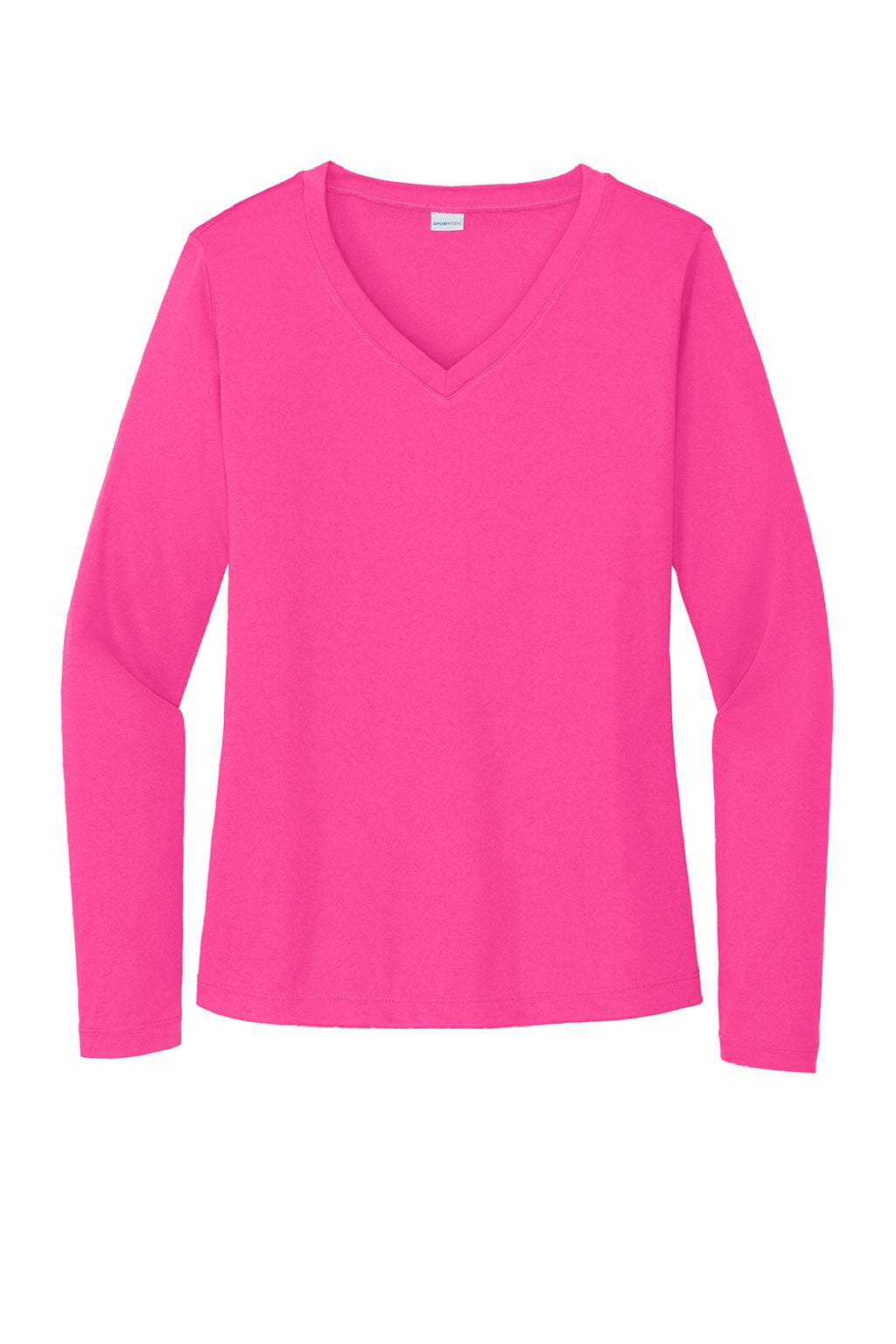 Sport-Tek LST353LS Womens Competitor Moisture Wicking Long Sleeve V-Neck T-Shirt Neon Pink Flat Front