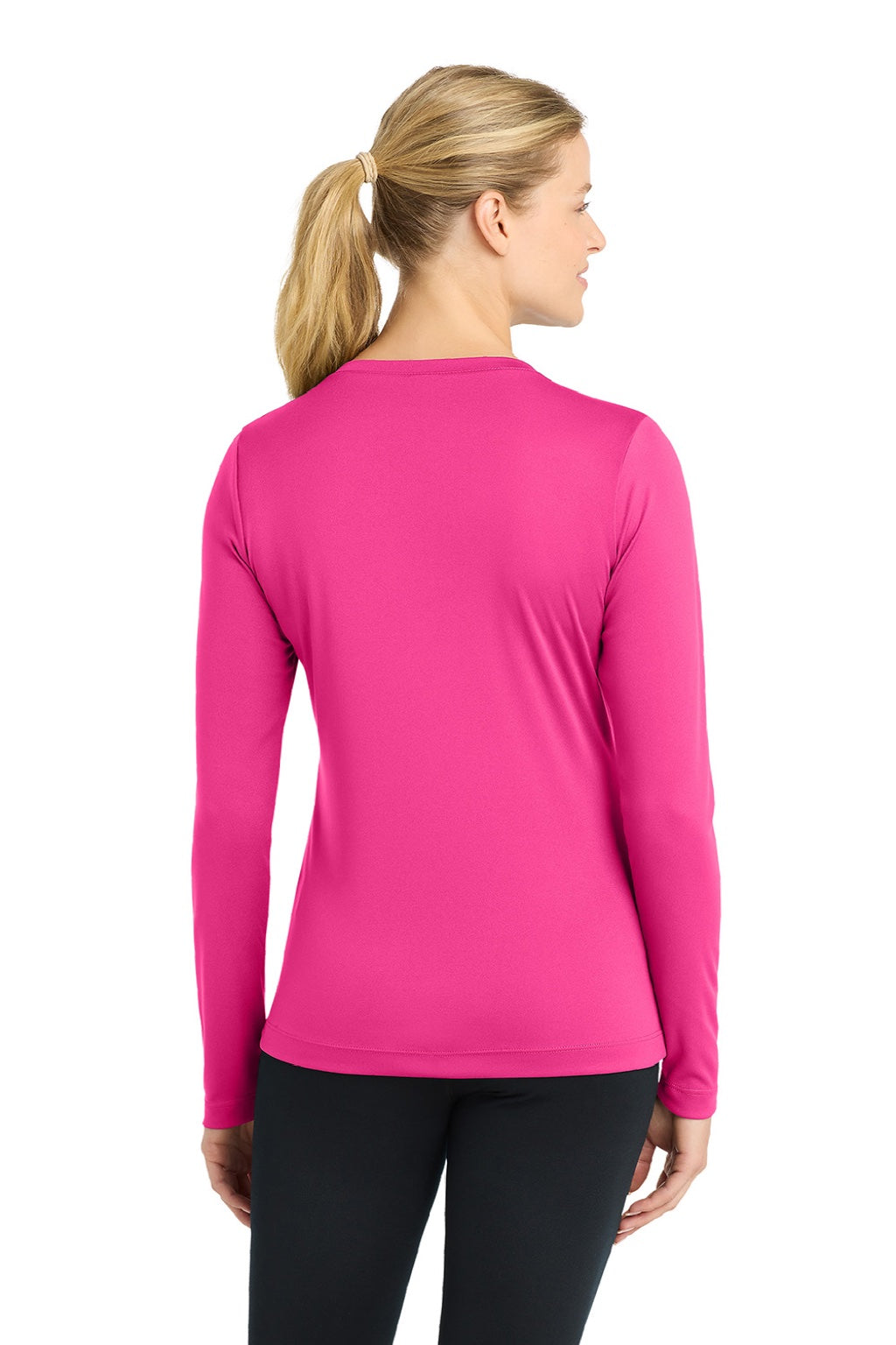 Sport-Tek LST353LS Womens Competitor Moisture Wicking Long Sleeve V-Neck T-Shirt Neon Pink Model Back
