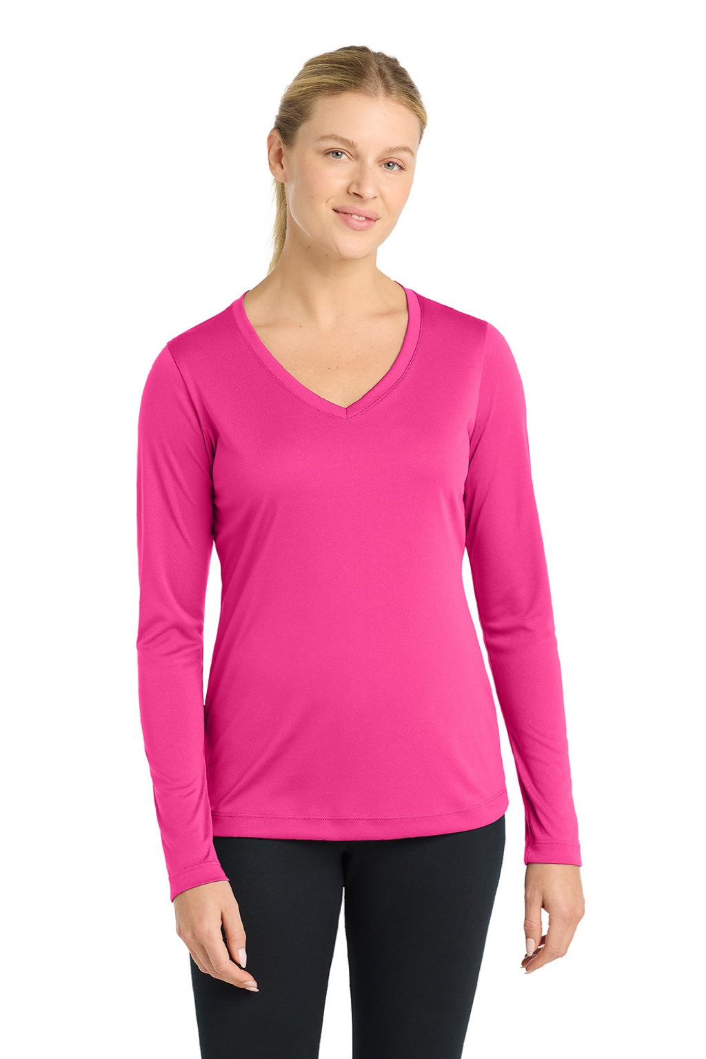 Sport-Tek LST353LS Womens Competitor Moisture Wicking Long Sleeve V-Neck T-Shirt Neon Pink Model Front