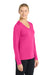 Sport-Tek LST353LS Womens Competitor Moisture Wicking Long Sleeve V-Neck T-Shirt Neon Pink Model Side