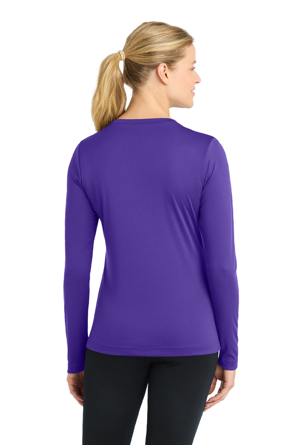 Sport-Tek LST353LS Womens Competitor Moisture Wicking Long Sleeve V-Neck T-Shirt Purple Model Back