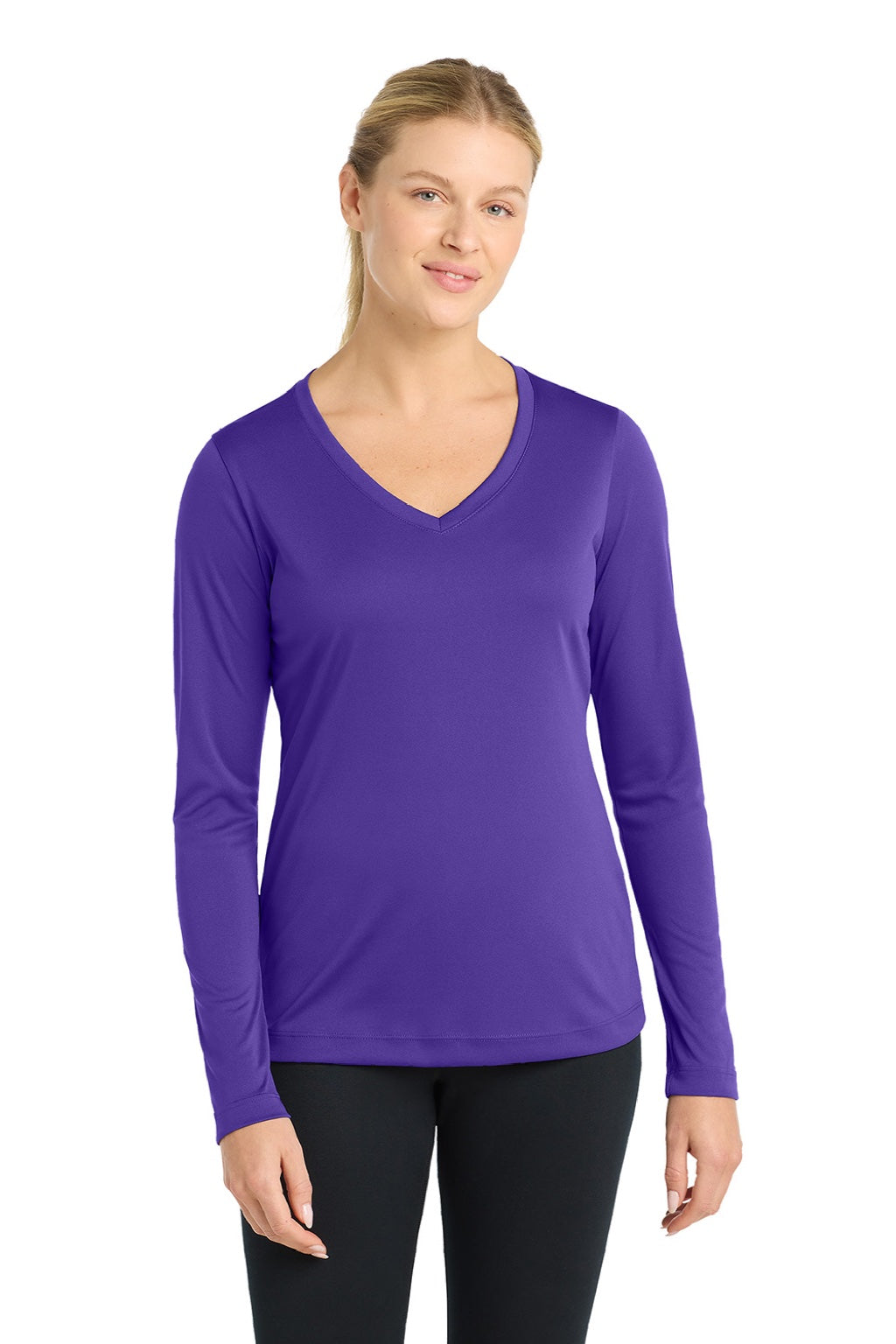 Sport-Tek LST353LS Womens Competitor Moisture Wicking Long Sleeve V-Neck T-Shirt Purple Model Front