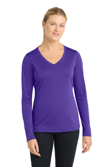 Sport-Tek LST353LS Womens Competitor Moisture Wicking Long Sleeve V-Neck T-Shirt Purple Model Front