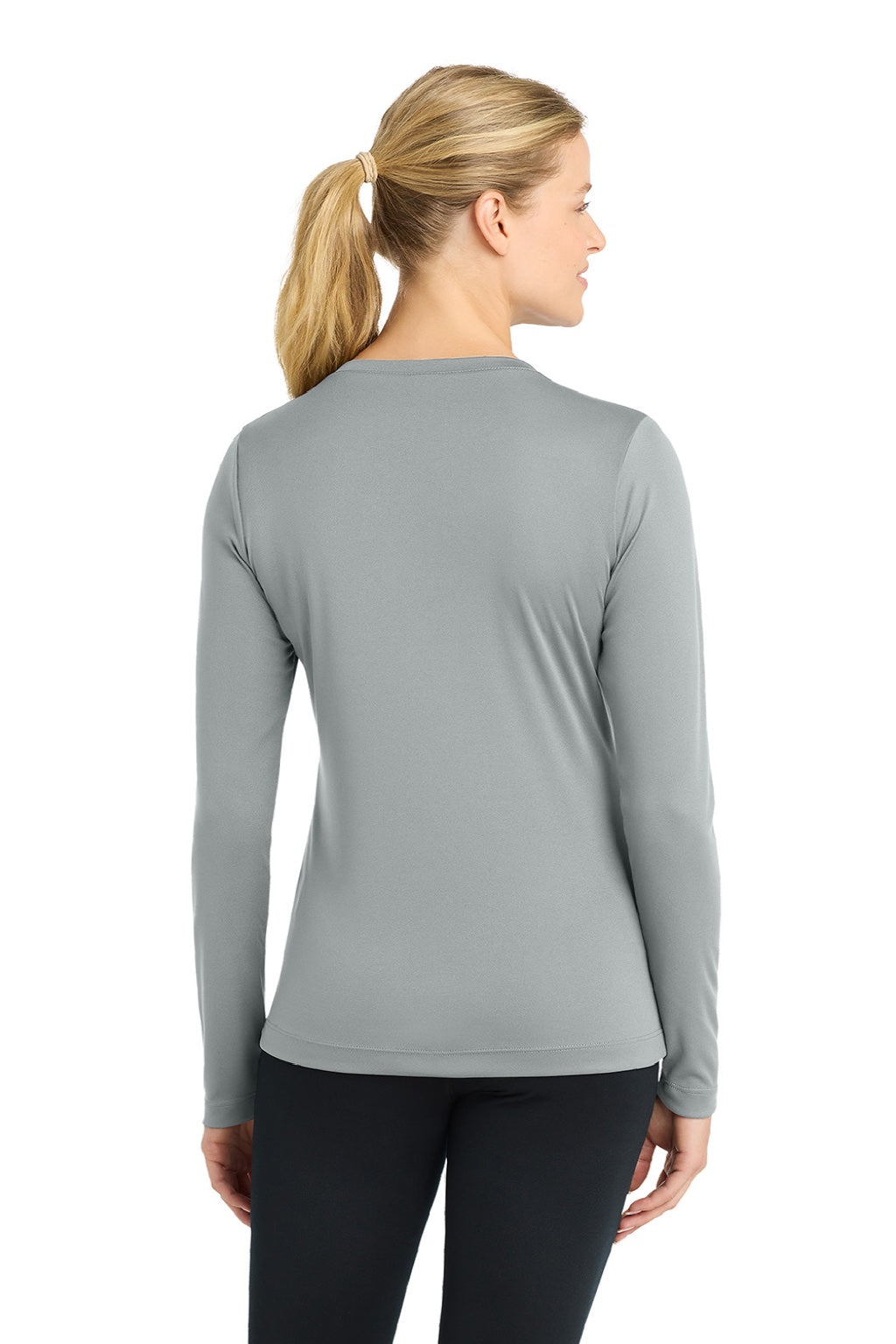Sport-Tek LST353LS Womens Competitor Moisture Wicking Long Sleeve V-Neck T-Shirt Silver Grey Model Back