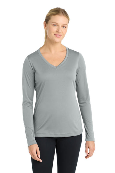 Sport-Tek LST353LS Womens Competitor Moisture Wicking Long Sleeve V-Neck T-Shirt Silver Grey Model Front