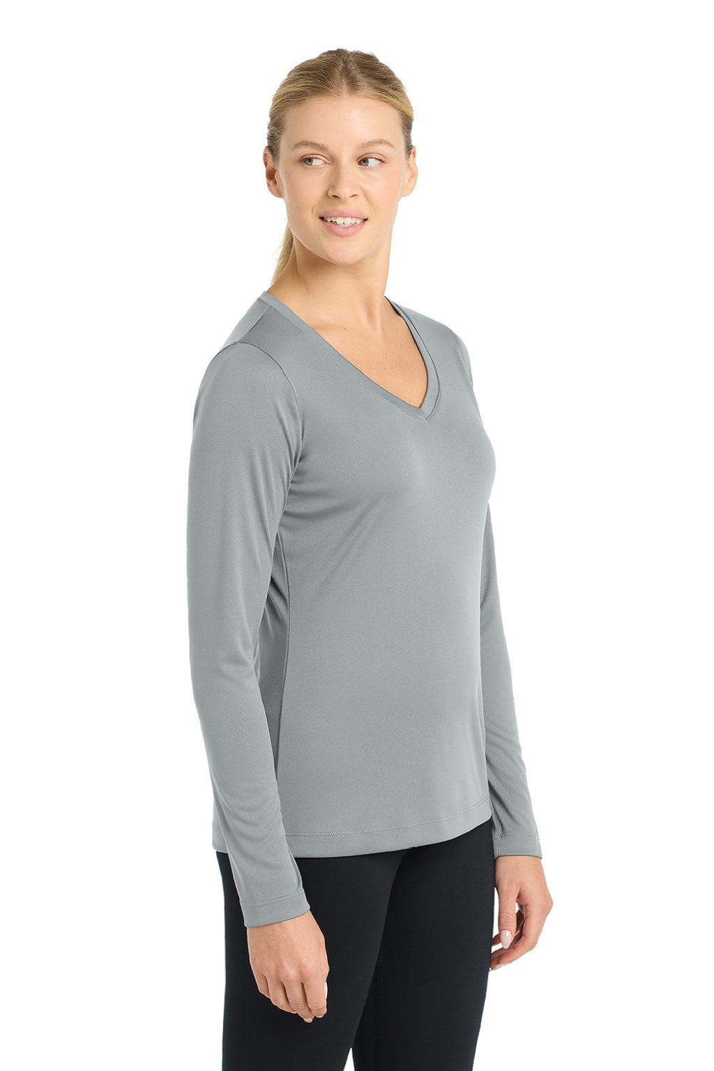 Sport-Tek LST353LS Womens Competitor Moisture Wicking Long Sleeve V-Neck T-Shirt Silver Grey Model Side