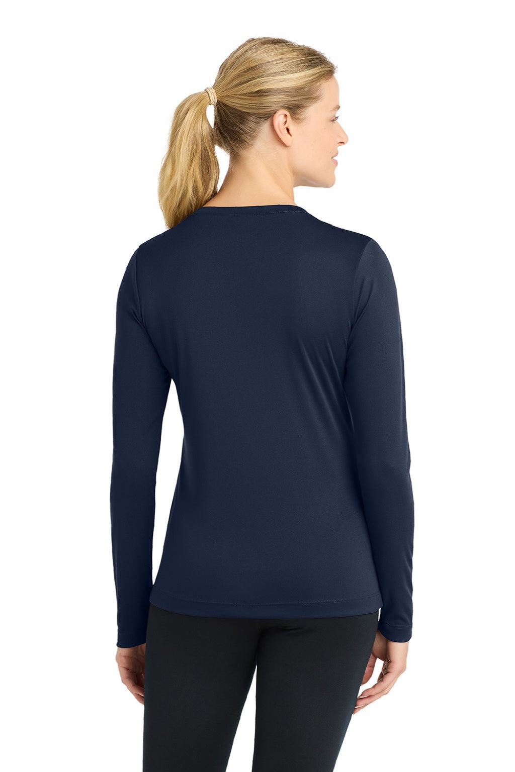 Sport-Tek LST353LS Womens Competitor Moisture Wicking Long Sleeve V-Neck T-Shirt True Navy Blue Model Back