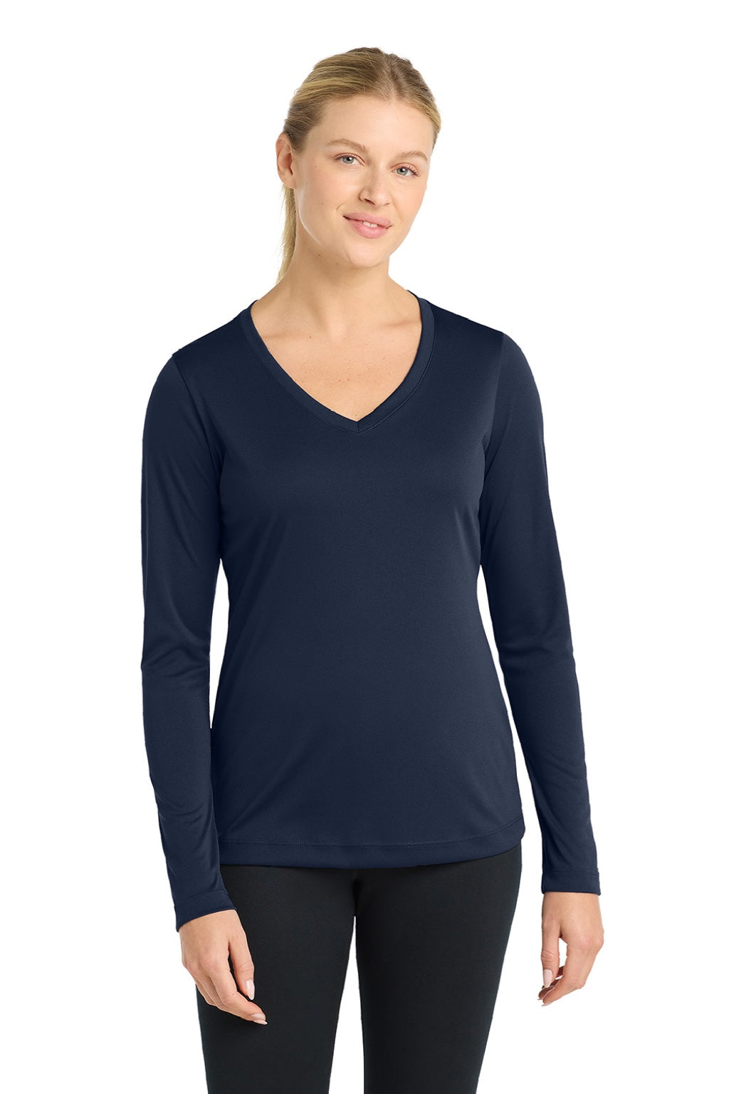 Sport-Tek LST353LS Womens Competitor Moisture Wicking Long Sleeve V-Neck T-Shirt True Navy Blue Model Front