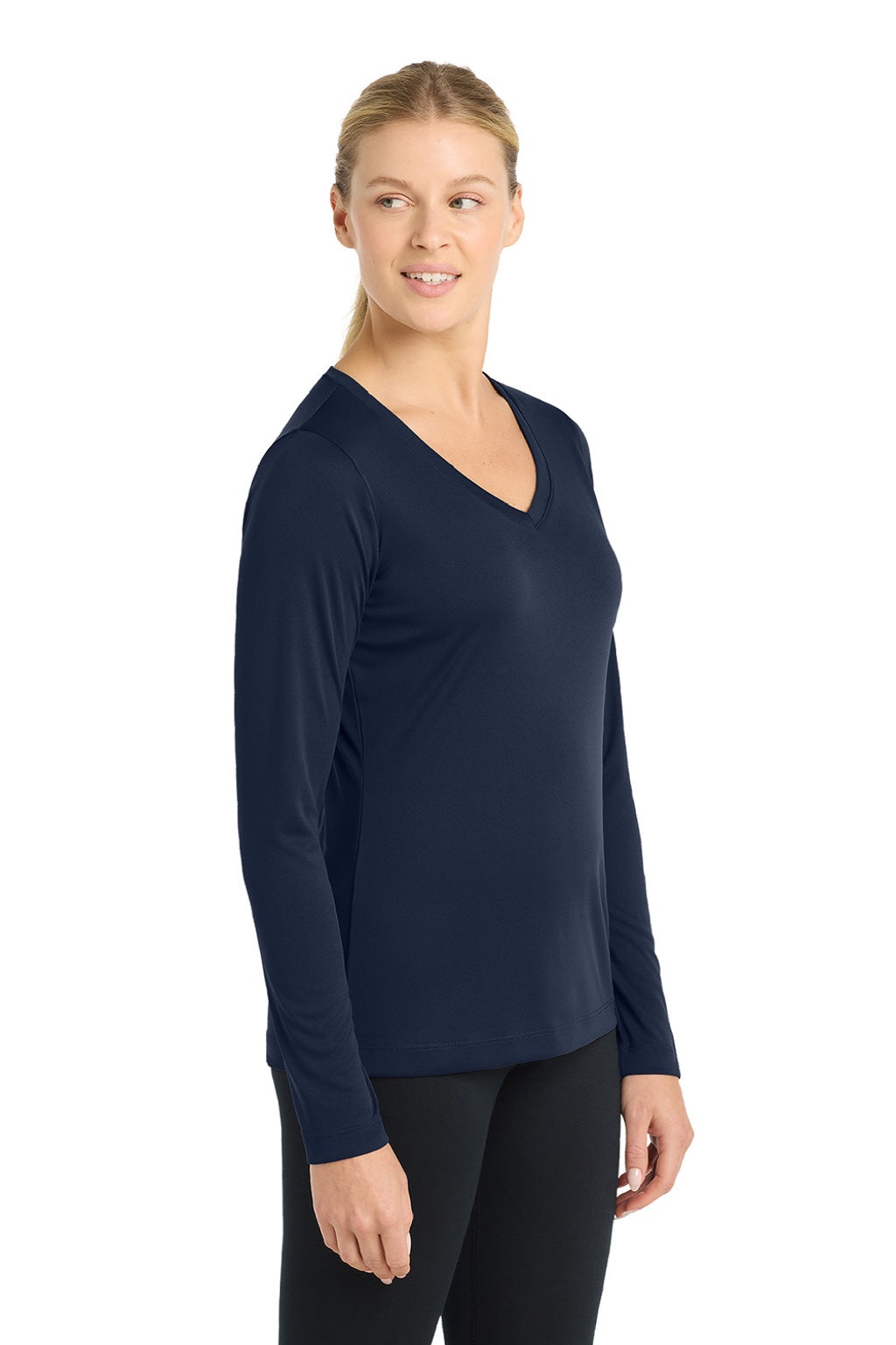 Sport-Tek LST353LS Womens Competitor Moisture Wicking Long Sleeve V-Neck T-Shirt True Navy Blue Model Side