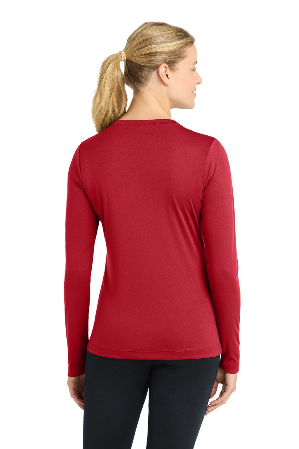 Sport-Tek LST353LS Womens Competitor Moisture Wicking Long Sleeve V-Neck T-Shirt True Red Model Back