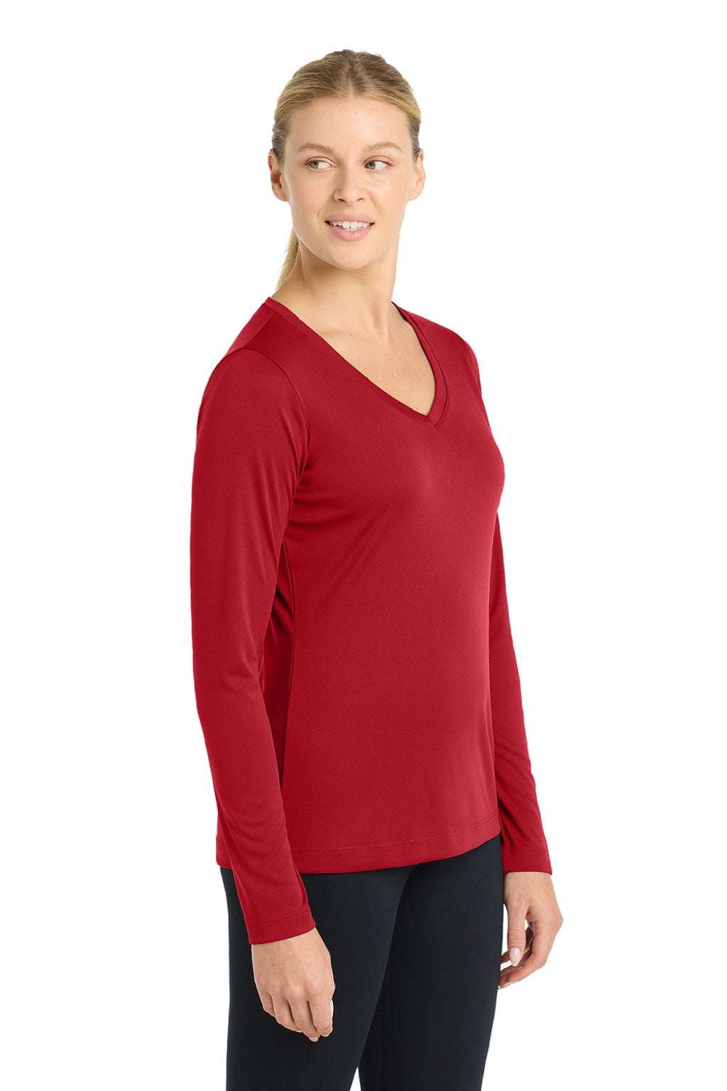 Sport-Tek LST353LS Womens Competitor Moisture Wicking Long Sleeve V-Neck T-Shirt True Red Model Side